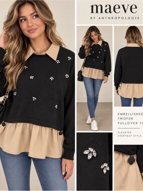 Maeve Embellished Twofer Pullover Sweatshirt Top Black Tan M